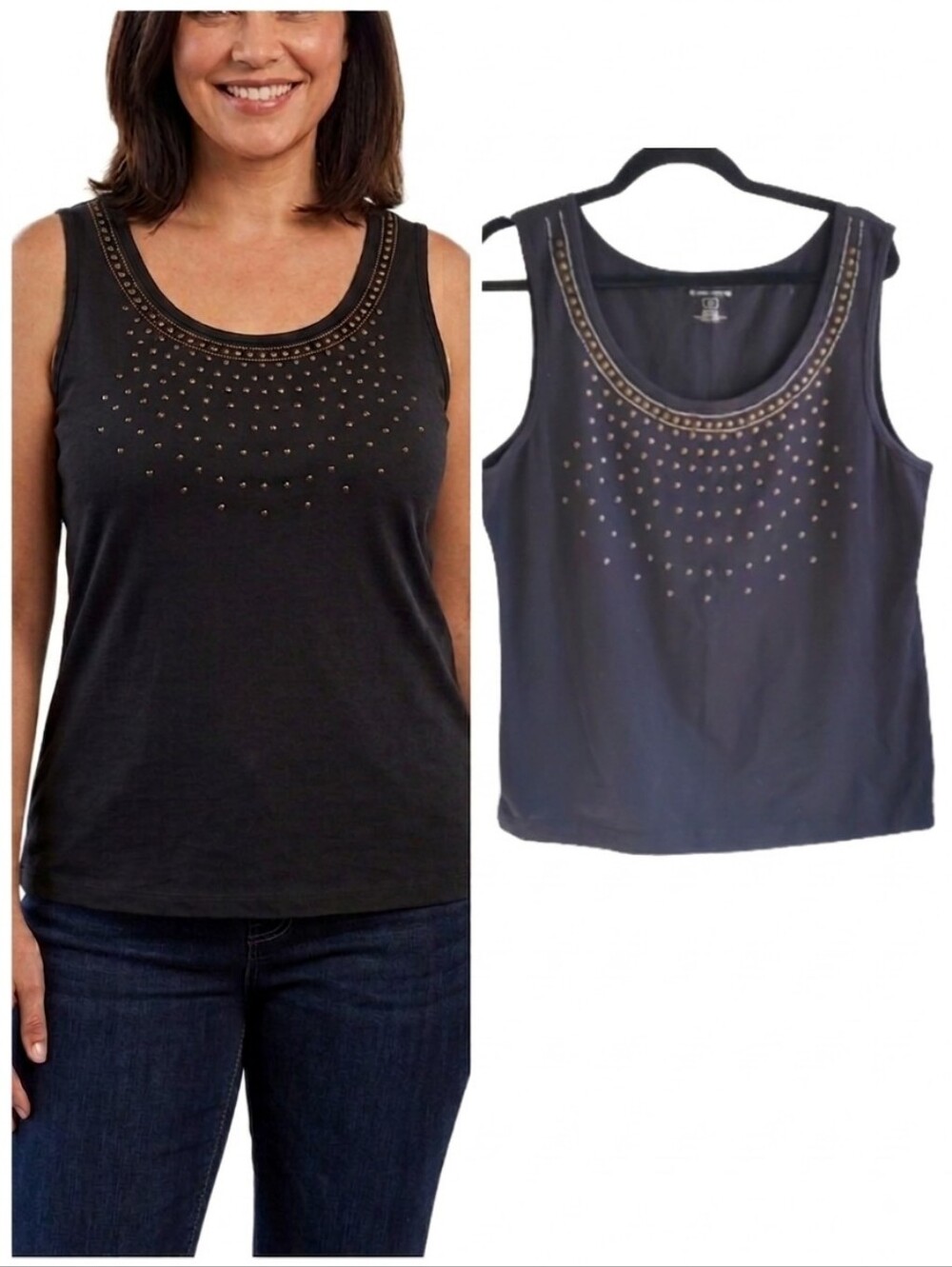Black beaded and metal studded tank top women's size extra large XL